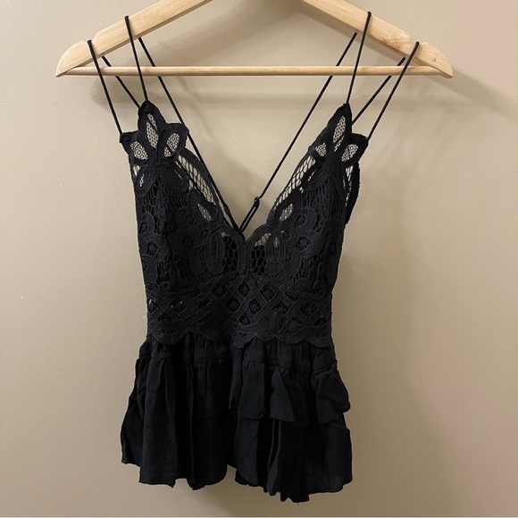 Free People one bohemian Adella Cami Lace crochet crop top in black size XS - Picture 2 of 10